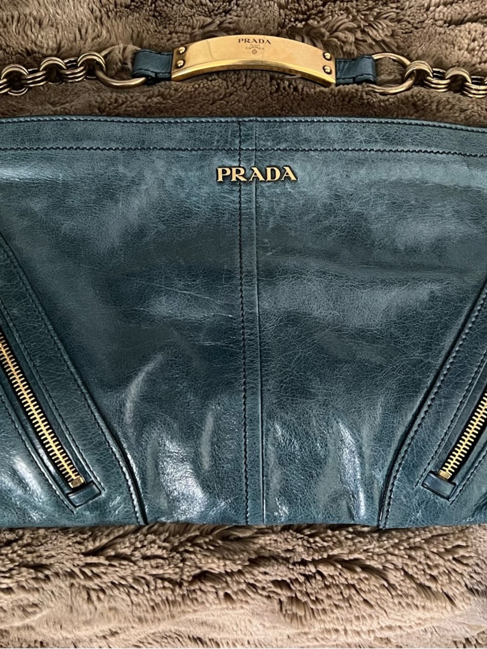 Prada Blue Leather Shoulder Bag with Gold Hardware